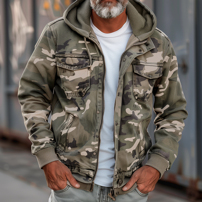 Men's Camouflage Cargo Jacket - With Hood and Multi-Pocket Design