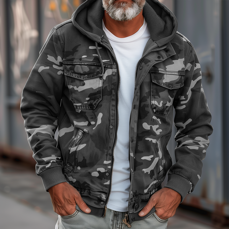 Men's Camouflage Cargo Jacket - With Hood and Multi-Pocket Design