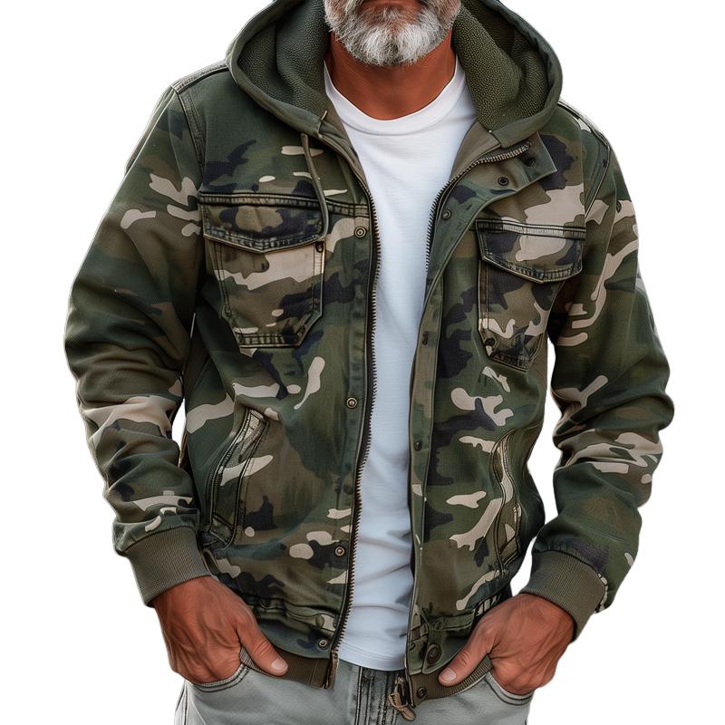 Men's Camouflage Cargo Jacket - With Hood and Multi-Pocket Design