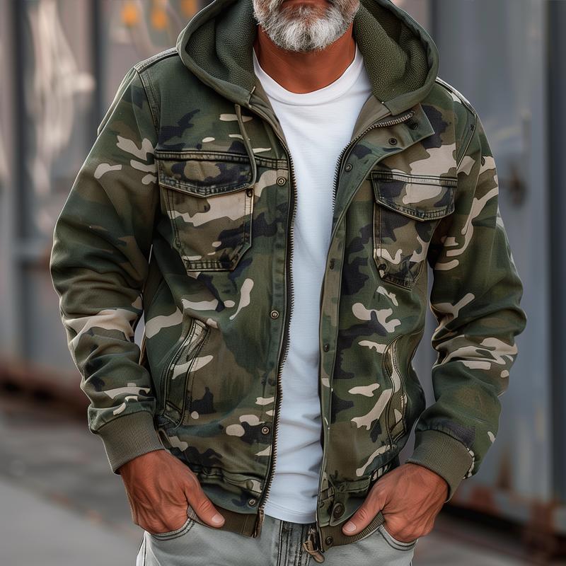 Men's Camouflage Cargo Jacket - With Hood and Multi-Pocket Design