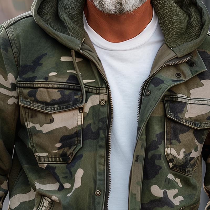 Men's Camouflage Cargo Jacket - With Hood and Multi-Pocket Design